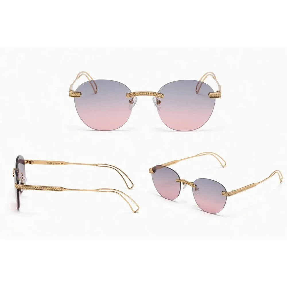 Mens Frameless Round Sunglasses Gold Metal Purple Pink Lens Retro Festival Music
